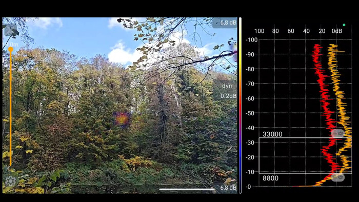 Im Wald ließen sich Vögel, fallende Blätter und Flugzeuge am Himmel nachverfolgen. (Quelle: Soundcam Go/Screenshot Golem)